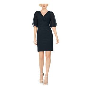 JBS LIMITED Womens Navy Chiffon Flutter Sleeve Short Evening Sheath Dress L